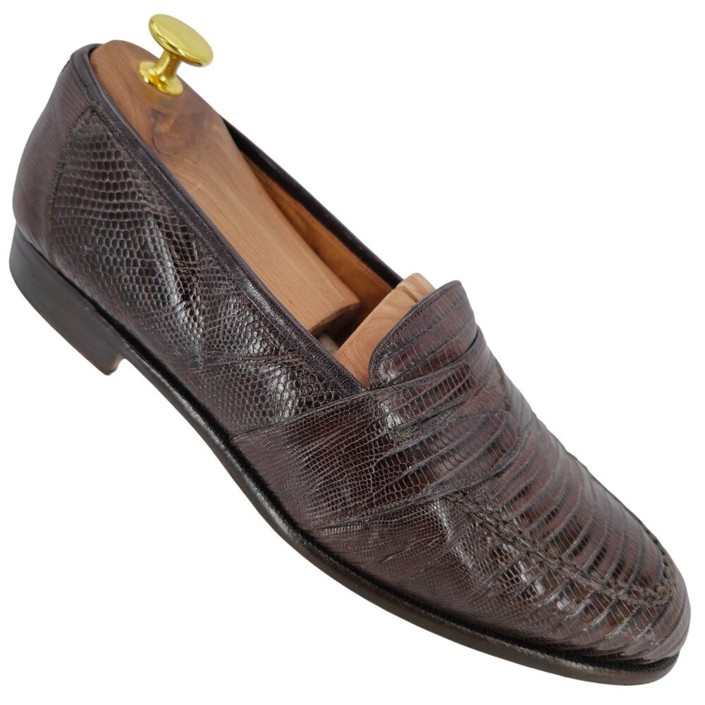Neiman Marcus Exotic Teju Lizard Brown Dress Shoes Men 8.5 Handmade Penny Loafer
